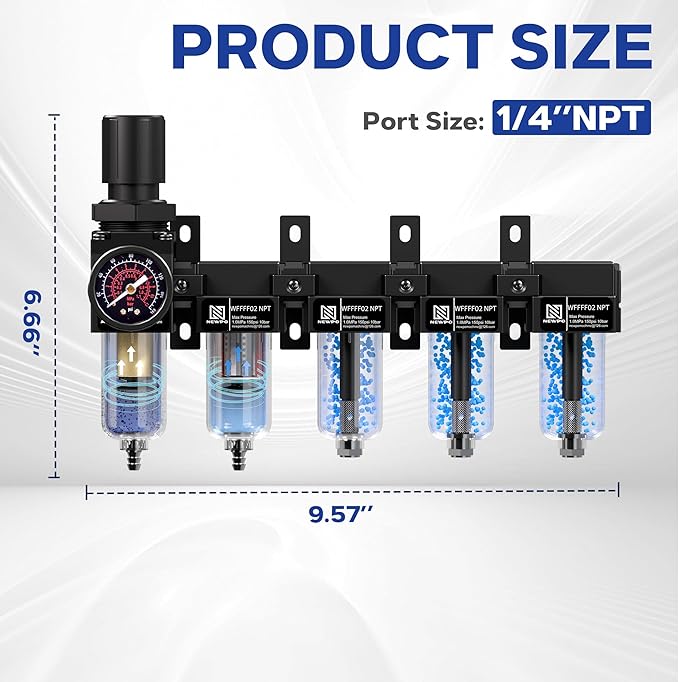 NEWPO 1/4'' NPT 5 Stage Air Dryer for Compressor,Air Compressor Water Separator System with 5＆0.01 Micron Filter Cartridge,Triple Desiccant Dryer Air Drying System, Metal Bowl Semi-Auto Drain (Black)