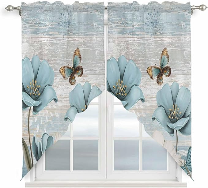 Spring Floral Swag Valances for Windows, Vintage Tulips Flower Butterfly Retro Wood Blue Rod Pocket Kitchen Curtains Valance, Small Window Curtains Swag for Cafe Living Room, 2 Panels, 28x36 inch