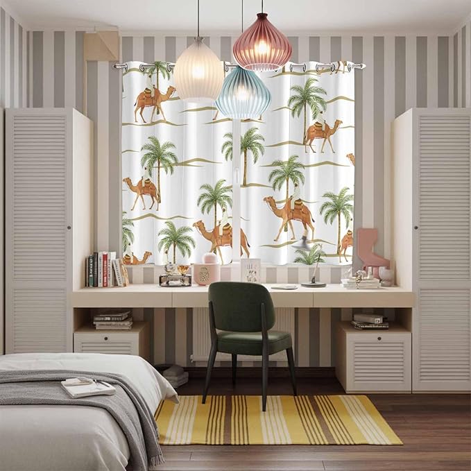 2 Panel Kitchen Cafe Curtains, Desert Camels Sunlight Filtering Nature Air Through, Home Decor Window Covering Tier Curtains for Bedroom Living Room 80W x 63L inch Tropical Date Palm Trees Animal