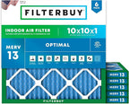 Filterbuy 10x10x1 Air Filter MERV 13 Optimal Smoke & Allergy Defense (6-Pack), Electrostatic Pleated HVAC AC Furnace Filters Replacement, Made in USA (Actual Size: 9.50 x 9.50 x 0.75)