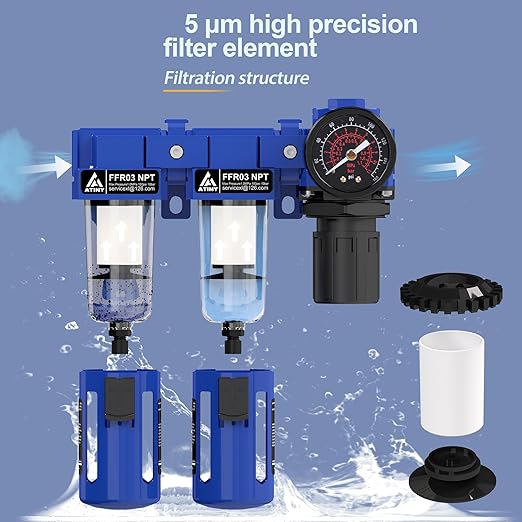 3/8" NPT Air Dryer System,Air Compressor Filter Dryer,5 and 5 Micron Filter Cartridge,Semi-Auto Drain, Metal Bracket-Blue