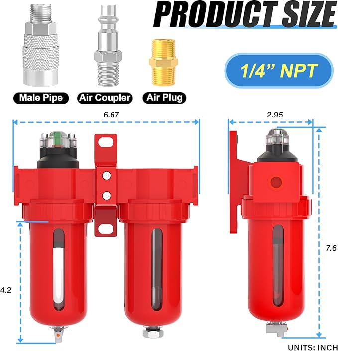 1/4" NPT Aluminium Air Drying System, Coalescing Filter, Desiccant Dryer and Air Regulator, Manual Drain, with 150 PSI Gauge and Valve Shut Off Switch for Plasma Cutter and Paint Spray