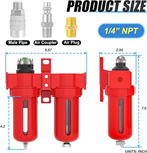 1/4" NPT Aluminium Air Drying System, Coalescing Filter, Desiccant Dryer and Air Regulator, Manual Drain, with 150 PSI Gauge and Valve Shut Off Switch for Plasma Cutter and Paint Spray