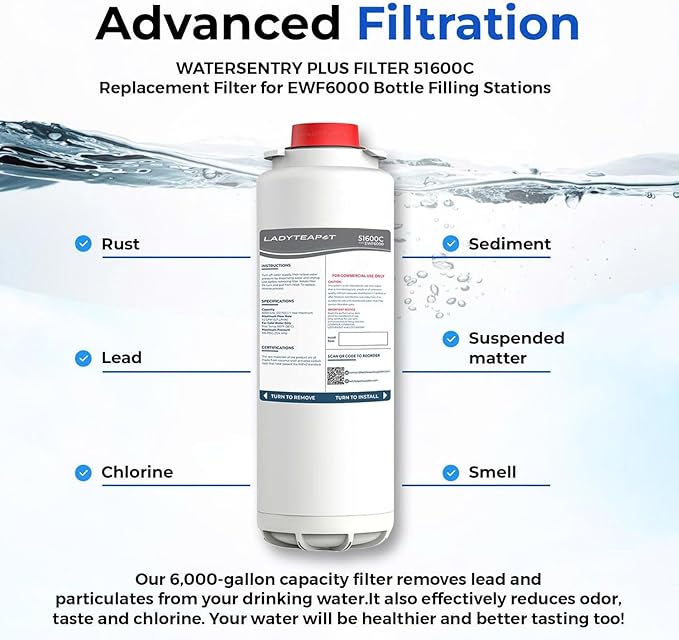 Water Filter Replacement Compatible With Elkay 51600C EWF6000 Bottle Filling Stations, 6000 Gallons/12 Months (No Chip - 6 Pack)