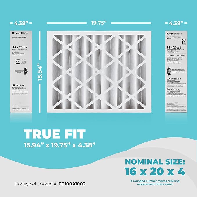 16x20x4 Air Filter Replacement MERV 11, FC100A1003 Pleated HVAC AC Furnace Filters with Wholesalehome Cleaning Cloth, 3-Pack (Actual Size: 15.94 x 19.75 x 4.38 Inches)