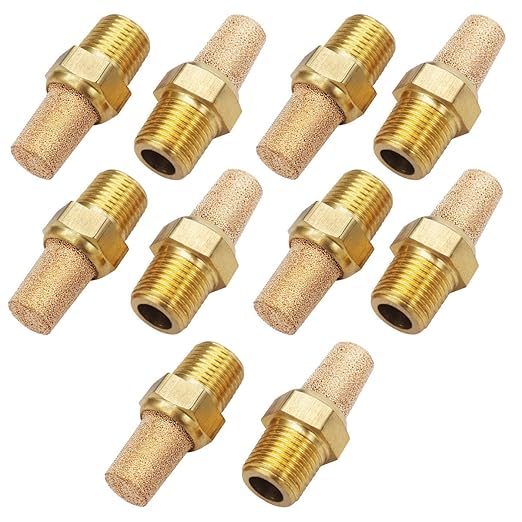 mxuteuk 10pcs Brass Pneumatic Muffler Filter Noise Silencer, Hex Sintered Silencer Air Line Fitting 1/8" NPT XYQ-G-(1-8)