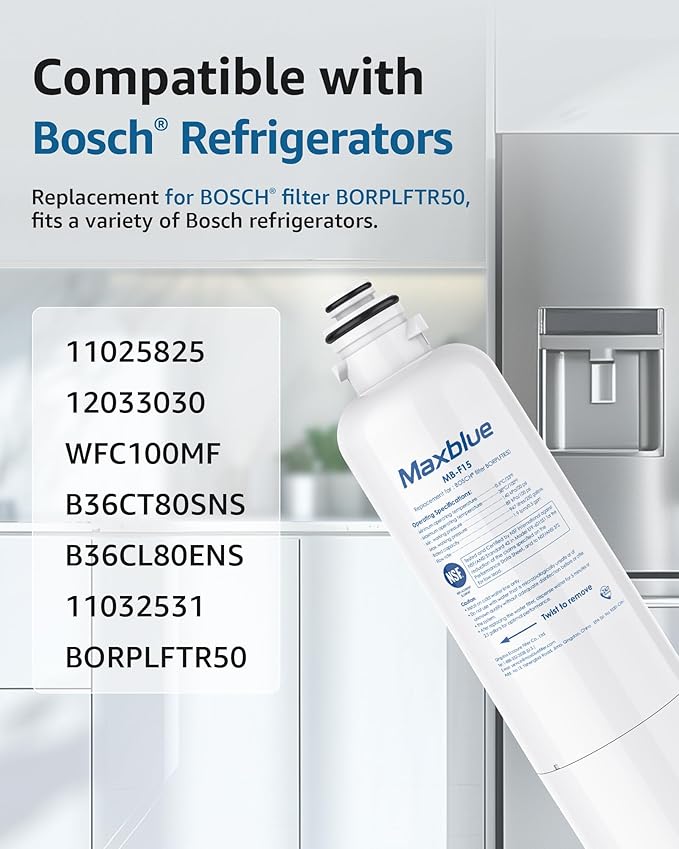 Maxblue BORPLFTR50 Replacement for Bosch® Ultra Clarity® Pro 11032531, 12033030, 11025825, BORPLFTR55, B36CD50SNS, B36CT80SNS, B36CL80ENS, B36FD50SNS, WFC100MF, Refrigerator Water Filter, 2 Filter