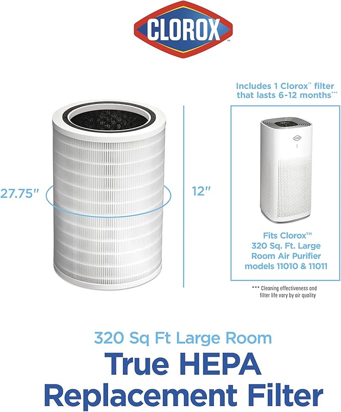 Clorox Large Room Air Purifier True HEPA Replacement Filter, 1,500 Sq. Ft. Capacity, Removes 99.97% of Allergens up to 0.1 Micron, Compatible with 11010 & 11011, 1 Count (12010)