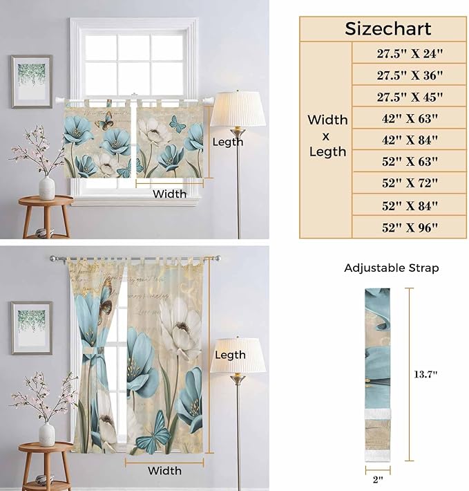 Spring Flowers Living Room Curtains 96 Inch Length, Window Curtains Tab Top, Vintage Rustic Tulips Floral Butterfly Khaki Light Filtering Window Treatments Drapes 52"x96" 2 Panel