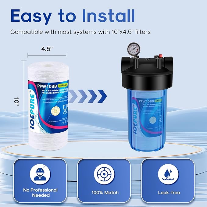 ICEPURE 5 Micron 10”*4.5'' Whole House Sediment String Wound Water Filter Replacement filter for 84637, WPX5BB97P, PC10, 355214-45, 355215-45, WP10BB97P, WP5BB97P, 4PACK