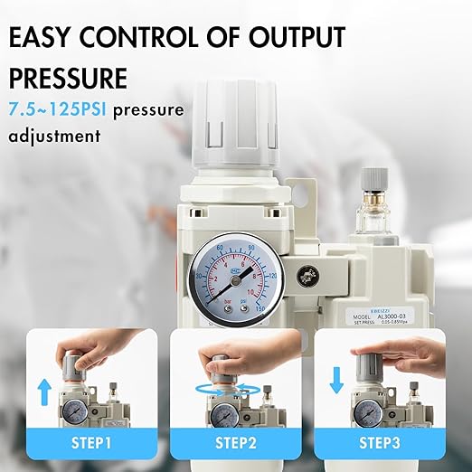 3/8" NPT Air Compressor Water Separator Regulator Filter Combo Compressed Air Filter Dryer Pressure Regulator with Gauge(0-150 psi) Poly Bowl Semi-Auto Drain Bracket - 3 in 1 Two Unit