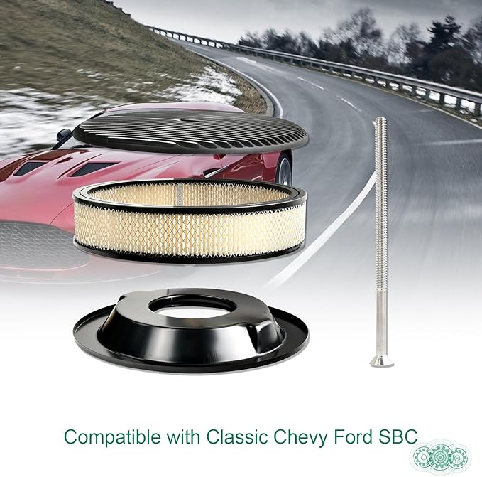 14 x 3 Inch Round Black Air Cleaner Kit Fully Finned Top with Flat Style Base Compatible with Chevy Ford GM