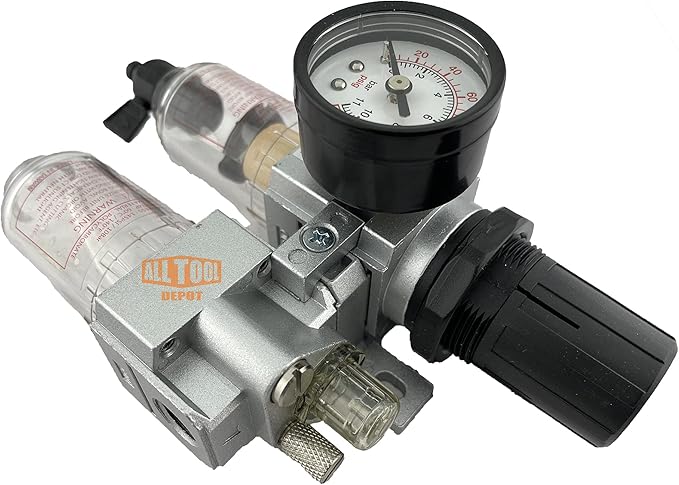 1/4" NPT Mini Compressed Air In Line Filter Regulator Lubricator Oiler Combo Piggyback, Poly Bowl And Metal Body, 5 Micron Element, Adjustable From 7 to 140 PSI (MANUAL DRAIN)