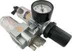 1/4" NPT Mini Compressed Air In Line Filter Regulator Lubricator Oiler Combo Piggyback, Poly Bowl And Metal Body, 5 Micron Element, Adjustable From 7 to 140 PSI (MANUAL DRAIN)