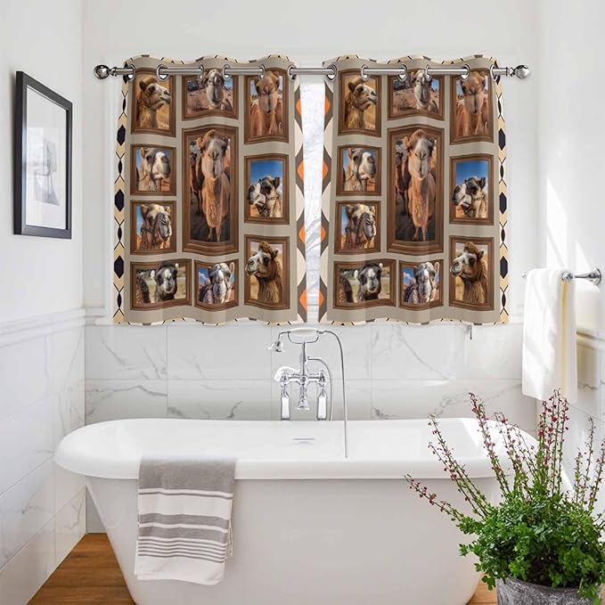 2 Panel Kitchen Cafe Curtains, Desert Camels Sunlight Filtering Nature Air Through, Home Decor Window Covering Tier Curtains for Bedroom Living Room Western Wildlife Brown Animals Country
