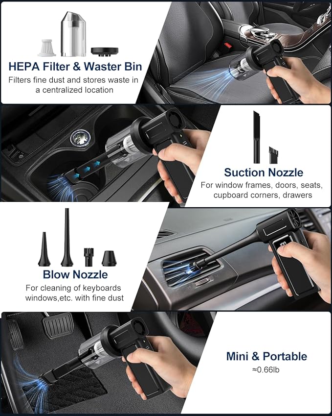 Compressed Electric Air Duster & Handheld Car Vacuum Cleaner 2-in-1-10000mAh Battery 180000RPM 4-Speed echargeable Air Blower for Car Cleaning, Home, Keyboard, PC, LED Light
