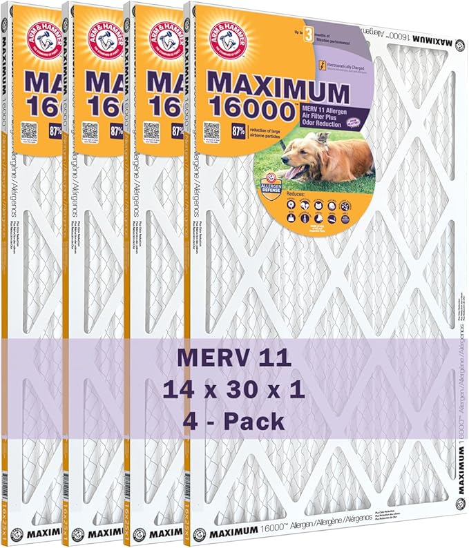 Arm & Hammer Max Allergen & Odor Reduction 14x30x1 Air and Furnace Filter, MERV 11, 4-Pack