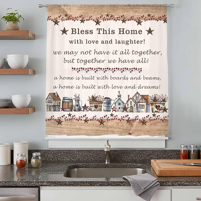 Farmhouse Sheer Curtains 84 Inch Length Country Star Barn Berry Brown Wood Plank Chiffon Curtain for Bedroom Living Room Light Filtering Rod Pocket Window Treatments Voile Curtains Drapes for Dining