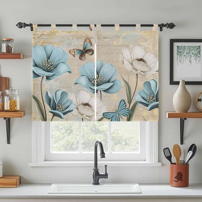 Spring Flowers Bedroom Curtains 63 Inch Length, Window Curtains Tab Top, Vintage Rustic Tulips Floral Butterfly Khaki Light Filtering Window Treatments Drapes 42"x63" 2 Panel