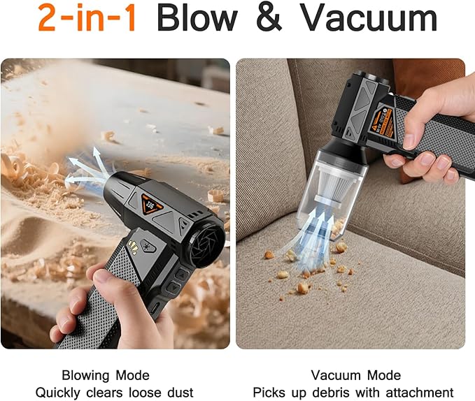 Compressed Air Duster, 2-in-1 Cordless Electric Air Duster & Mini Vacuum, High-Speed Brushless Motor, 8000mAh Rechargeable, Type-C, for Electronics, Keyboard, Car & Home Cleaning