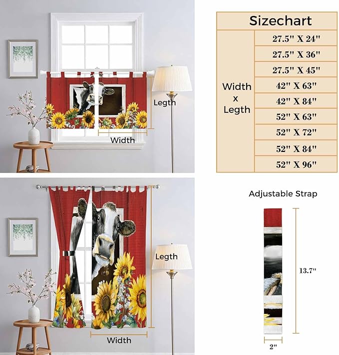 Cows Sunflowers Bedroom Curtains 63 Inch Length, Window Curtains Tab Top, Spring Botanical Floral Bees Red Barn Light Filtering Window Treatments Drapes 42"x63" 2 Panel