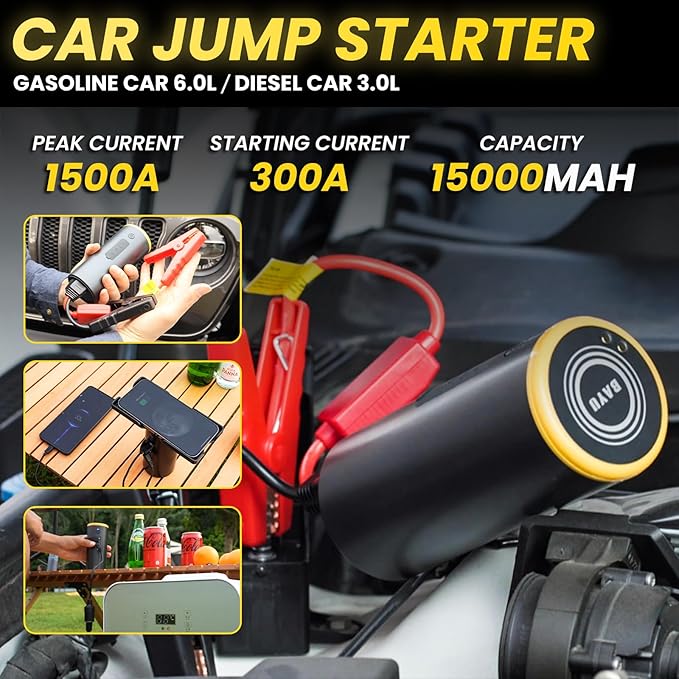 BAYU 6 in 1 Car Jump Starter Kit with 19000PA Car Vacuum Cleaner & Universal Battery, Cordless Pressure Washer, 150PSI Tire Inflator, Air Compressor, Portable 12V 1500A Auto Jump Box (6 Pcs)