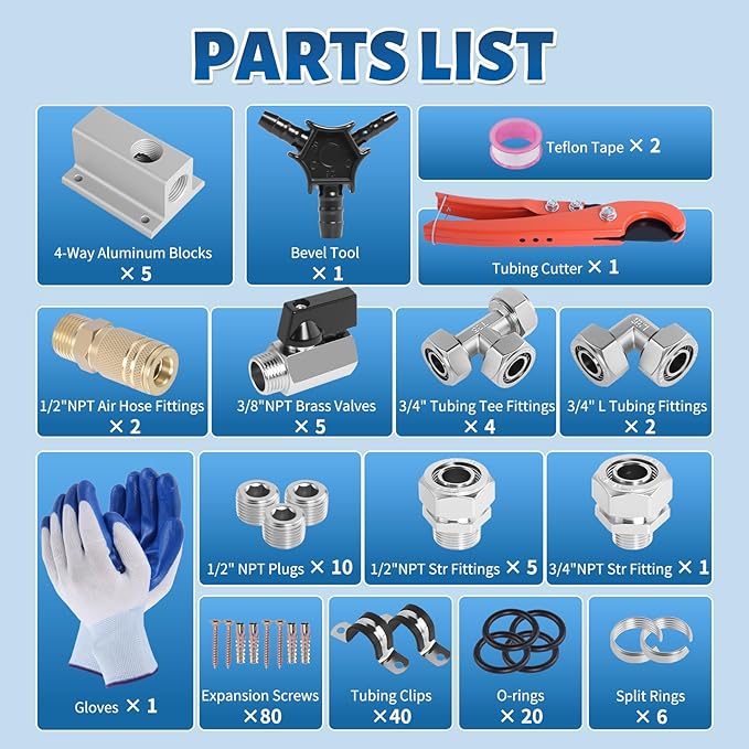Shop Air Line Kit 3/4” 200FT Compressed Air Piping System HDPE-Aluminum-HDPE Air Tubing with 4-Way Aluminum Blocks Brass Valves Air Piping Fittings Kit Air Compressor Accessories for Garage