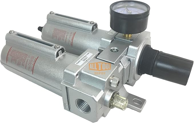 1/2" NPT HEAVY DUTY Compressed Air In Line Filter Regulator Lubricator Oiler Combo Piggyback, Metal Bowl, 5 Micron Element, Adjustable From 7 to 175 PSI (AUTO DRAIN)