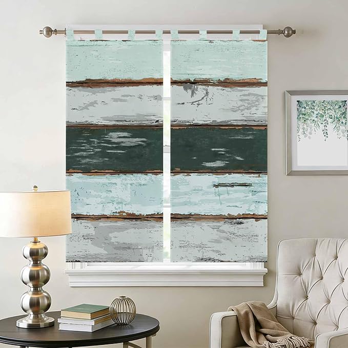Blue Teal Bathroom Curtains 63 Inch Length, Window Curtains Tab Top, Vintage Wooden Retro Art Farmhouse Barns Light Filtering Window Treatments Drapes 52"x63" 2 Panel