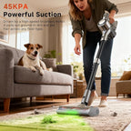 Cordless Stick Vacuum Cleaner - Rechargeable,45Kpa Powerful Suction Vacuum for Home,45Mins Runtime,Detachable Battery,Anti-Tangle, 8 in 1 Lightweight Vacuum for Pet Hair Carpet Hardwood,Silver
