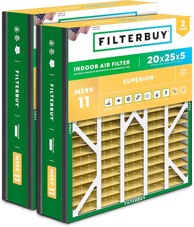 Filterbuy 20x25x5 Air Filter MERV 11 Superior Pet & Allergy Defense (2-Pack), Pleated HVAC AC Furnace Filters for Trion Air Bear, Generalaire, Skuttle, and More (Actual Size: 19.63 x 24.13 x 4.88)