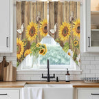 Farmhouse Sunflowers Swag Valances for Windows, Rustic Floral Buttterfly Wood Board Brown Rod Pocket Kitchen Curtains Valance, Small Window Curtains Swag for Cafe Living Room, 2 Panels, 28x36 inch