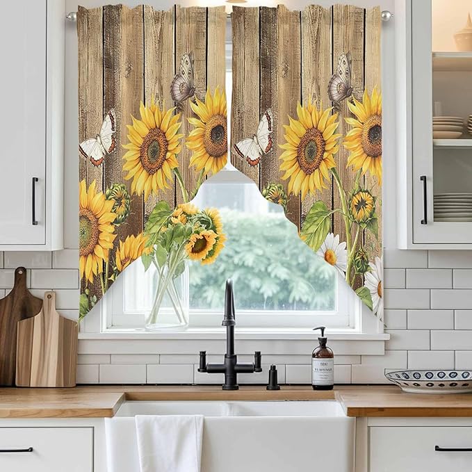 Farmhouse Sunflowers Swag Valances for Windows, Rustic Floral Buttterfly Wood Board Brown Rod Pocket Kitchen Curtains Valance, Small Window Curtains Swag for Cafe Living Room, 2 Panels, 36x36 inch