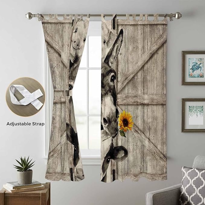 Funny Farm Animals Living Room Curtains 96 Inch Length, Window Curtains Tab Top, Vintage Barn Brown Sunflowers Light Filtering Window Treatments Drapes 52"x96" 2 Panel