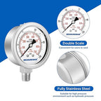 MEASUREMAN Pressure Gauge 1/4 NPT, 0-100psi/kPa Fully Stainless Steel Hydraulic Glycerin Filled Pressure Gauge with 2.5 Inch Dial Size (0-100 psi, Lower Mount - 100% Stainless Steel)