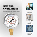 Glycerin-Filled Pressure Gauge,Brass Internal 2-Inch Gauge, Stainless Steel, 1/4" NPT Lower Mount (0-100Psi 2 Pack)
