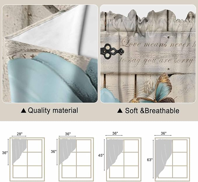 Teal Blue Tulips Swag Valances for Windows, Spring Floral Barn Doors Vintage Wood Beige Rod Pocket Kitchen Curtains Valance, Small Window Curtains Swag for Cafe Living Room, 2 Panels, 36x36 inch