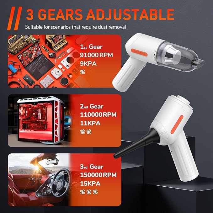 Reesibi 4 in 1 Powerful Compressed air Duster - 150000RPM Cordless Air Blower & 15KPA Car Vacuum Cleaner - Brushless Motor Electric Dust Blower with 3 Speed & 7600mAh Battery - Keyboard Cleaner Kit