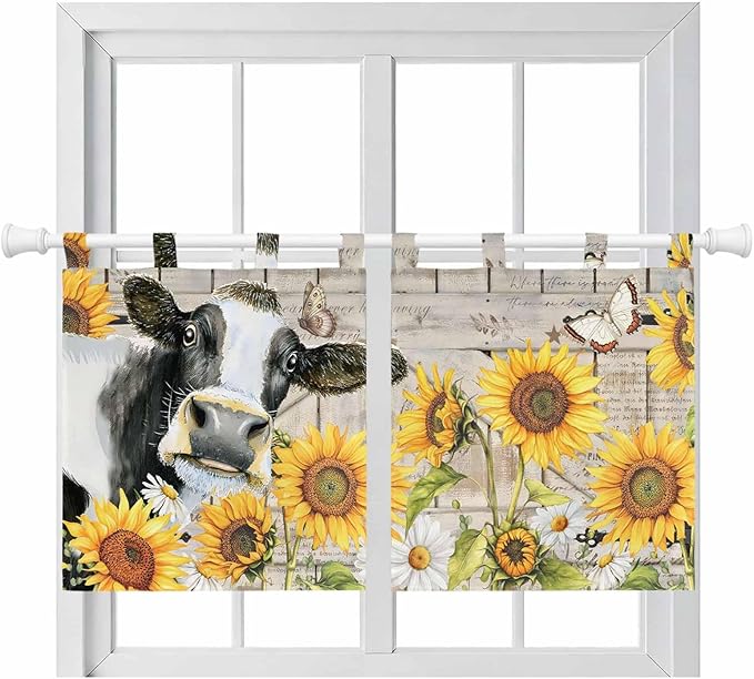 Yellow Sunflowers Kitchen Curtains 24 Inch Length, Small Window Curtains Tab Top, Farmhouse Cow Barn Doors Floral Butterfly Light Filtering Short Window Treatments Tier Drapes 27.5"x24" 2 Panel