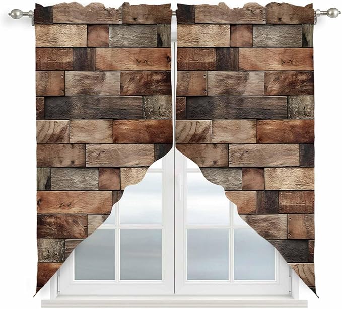 Western Barn Door Swag Valances for Windows, Vintage Farmhouses Wooden Door Brown Rod Pocket Kitchen Curtains Valance, Small Window Curtains Swag for Cafe Bathroom Living Room, 2 Panels, 28x36 inch