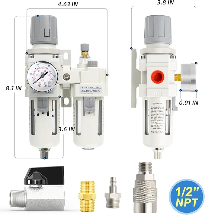 MEANLIN Air Compressor Moisture Filter, AC4010 Air Line Filter, 1/2" NPT Inlet with 150 PSI Gauge and Valve Shut Off Switch for Air Tools and Spray Paint Gun