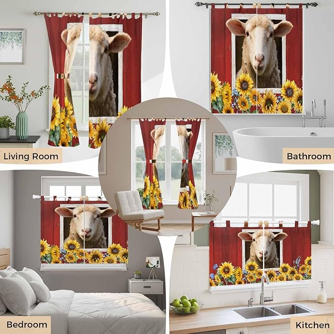 Sheep Sunflower Kitchen Curtains 24 Inch Length, Small Window Curtains Tab Top, Country Red Farm Barn Spring Flowers Light Filtering Short Window Treatments Tier Drapes 27.5"x24" 2 Panel