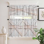 Kitchen Window Curtains Valance and Tier Set, Farmhouse Retro Wooden Barn Rod Pocket Tier Curtain Valance Set, Vintage Village Wood Grain Light Filtering Cafe Curtains for Bedroom Living Room