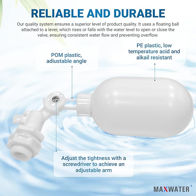 2 pcs Max Water Filter Float Ball Valve with 1/4 inch Quick Connect Push in to Connect Tube Fittings, Adjustable Plastic Float Valve for Aquarium Reverse Osmosis Systems Water Purifiers