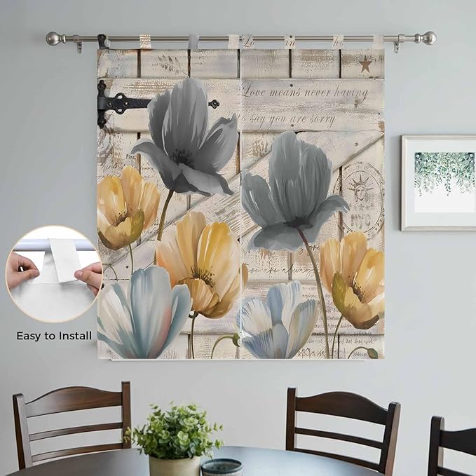 Spring Tulips Flower Bathroom Curtains 63 Inch Length, Window Curtains Tab Top, Vintage Floral Barn Doors Rustic Beige Light Filtering Window Treatments Drapes 52"x63" 2 Panel