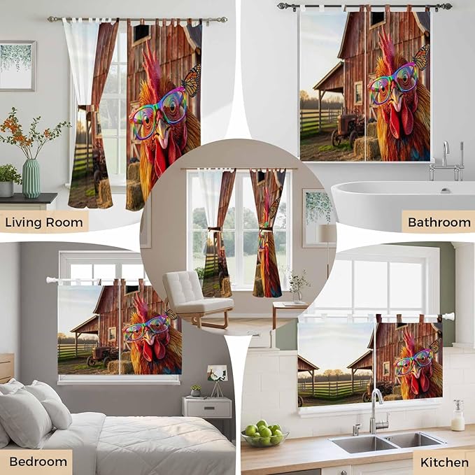 Farm Rooster Kitchen Curtains 36 Inch Length, Small Window Curtains Tab Top, Farmhouse Barn Funny Animals Butterfly Light Filtering Short Window Treatments Tier Drapes 27.5"x36" 2 Panel