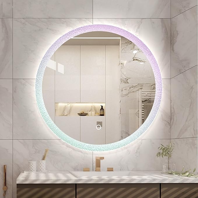 Round LED Bathroom Mirror, Wall Mounted Mirror with Demister Pad 3 Dimmable Color, Backlit Makeup Mirror, for Bathroom, Vanity, Bedroom(70cm/27.6in)