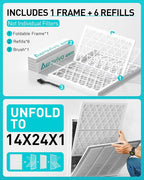 14x24x1 Refillable Air Filter Kit, MERV 8, 1 Reusable Foldable Frame ＆ 6 Refills, Fits Most AC HVAC Furnace Devices, Actual Size 13.75x23.75x0.75in