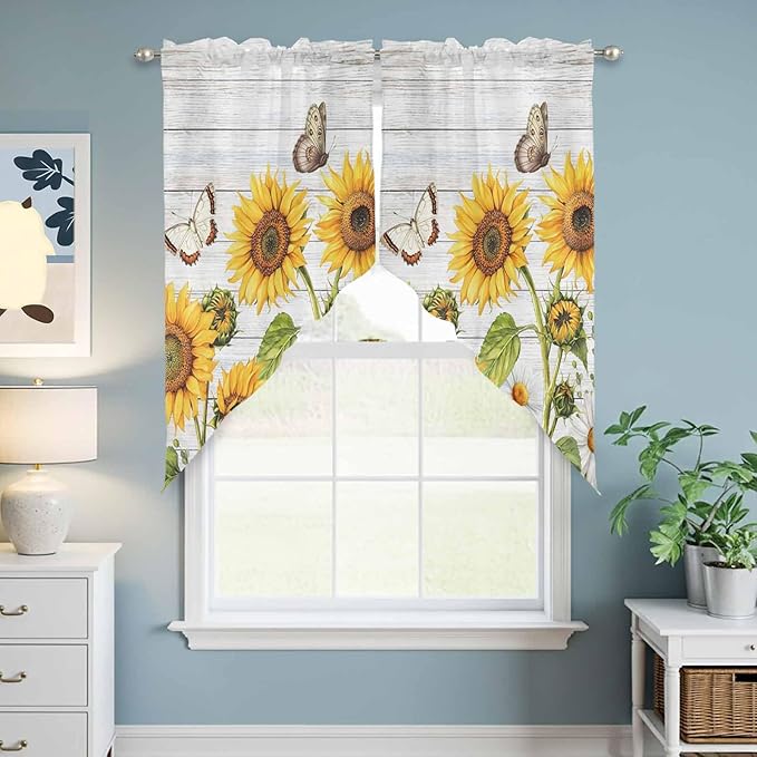 Yellow Sunflowers Swag Valances for Windows, Vintage Country Flowers Butterfly Wood Board Rod Pocket Kitchen Curtains Valance, Kitchen Window Curtains Swag for Cafe Living Room, 2 Panels, 36x45 inch