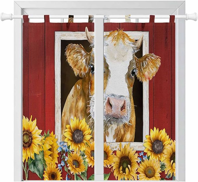 Cows Sunflowers Living Room Curtains 84 Inch Length, Window Curtains Tab Top, Spring Floral Bees Farmhouse Barn Light Filtering Window Treatments Drapes 42"x84" 2 Panel